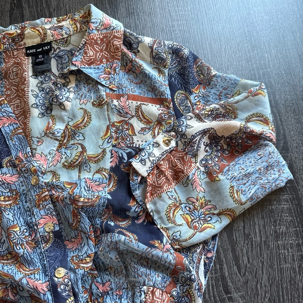 Maxi Shirt Dress in Navy, Rust & Cream Patchwork Print - Picture 4 of 6